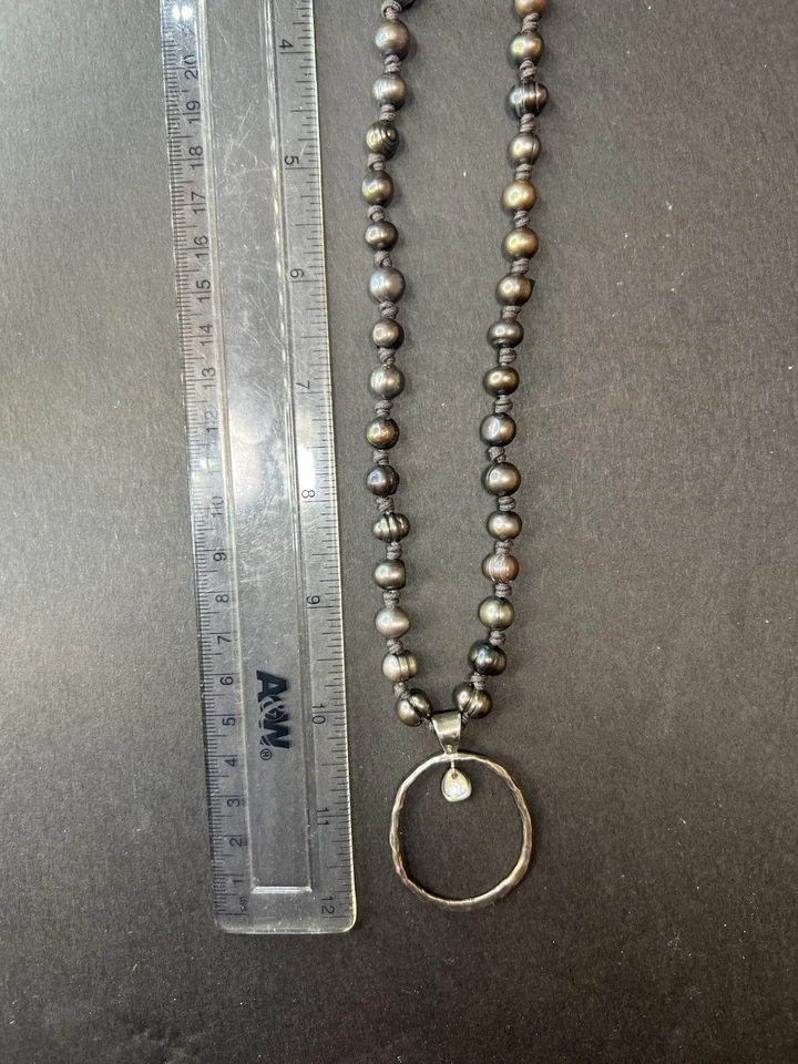 Tahitian Baroque Black Multicolor Pearl Leather Necklace 925 Abalone Pendant 34” - Image 4 of 4