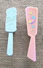 2 Vintage Pink Blue Baby Hair Brushes Plastic Bear Hearts 5.25" 6"