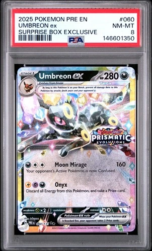 2025 POKEMON PRE EN-PRISMATIC EVOLUTIONS SURPRISE BOX EXCLUSIVE UMBREON EX PSA 8