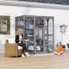 71" Large Outdoor Cat Enclosure 3 Tier Wooden Cat House Roof 6 Platforms