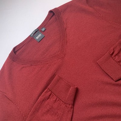 HUGO BOSS Mens V Neck Sweater Pullover 100% Wool Burgundy Stretch Extra Slim Fit