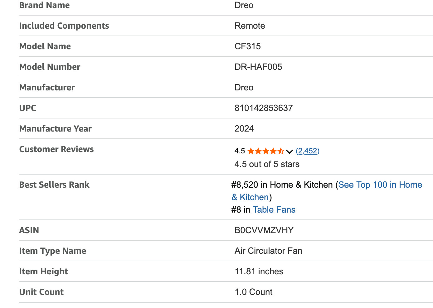 Dreo Fan Air Circulator Fan with Remote, 11 Inch Table Fan, 60 Feet