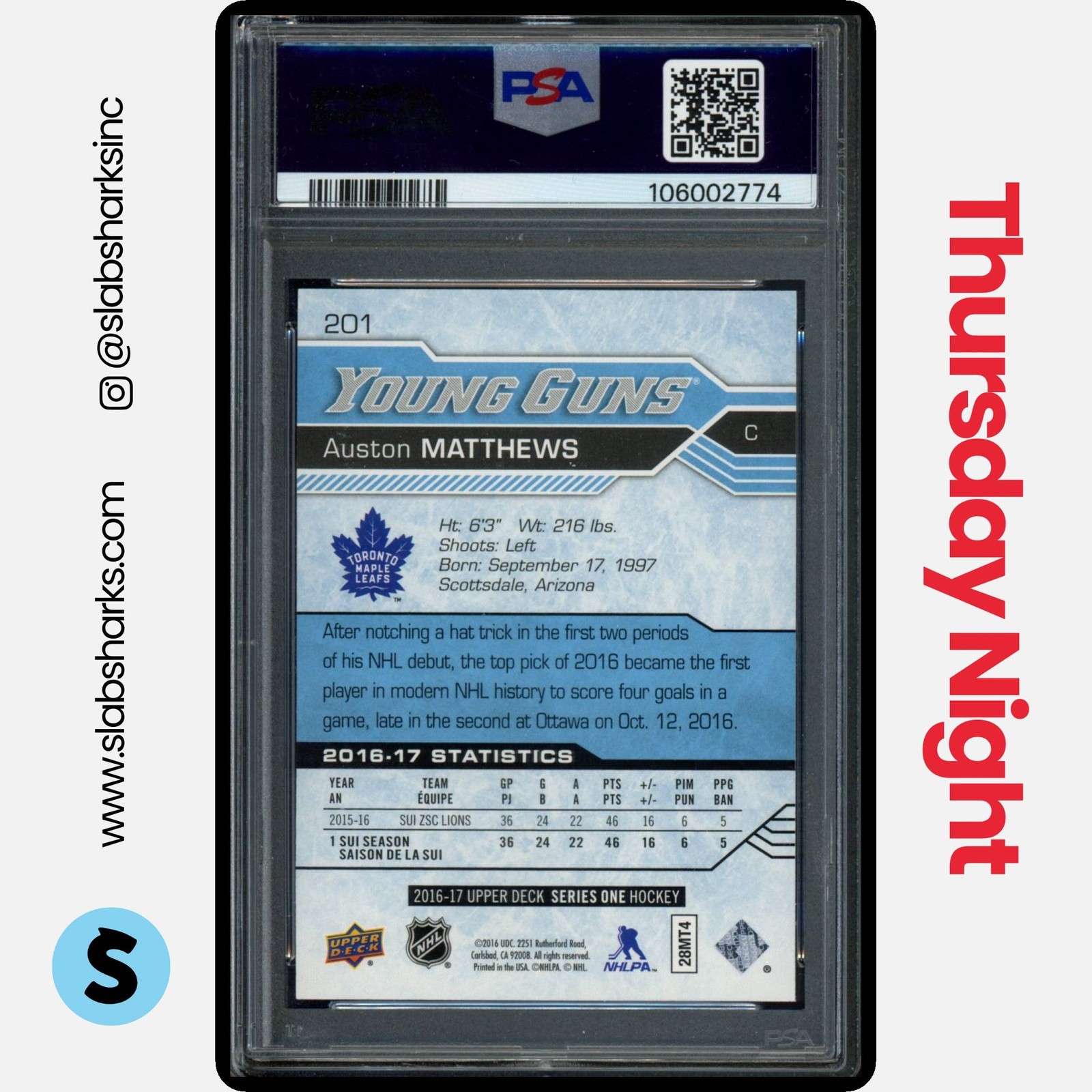 2016 UPPER DECK #201 AUSTON MATTHEWS YOUNG GUNS RC ROOKIE PSA 10 view 2