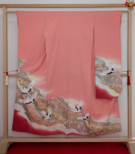 Authentic Japanese Silk Furisode Kimono Pink Crane Gold Wall Art Decor Luxury