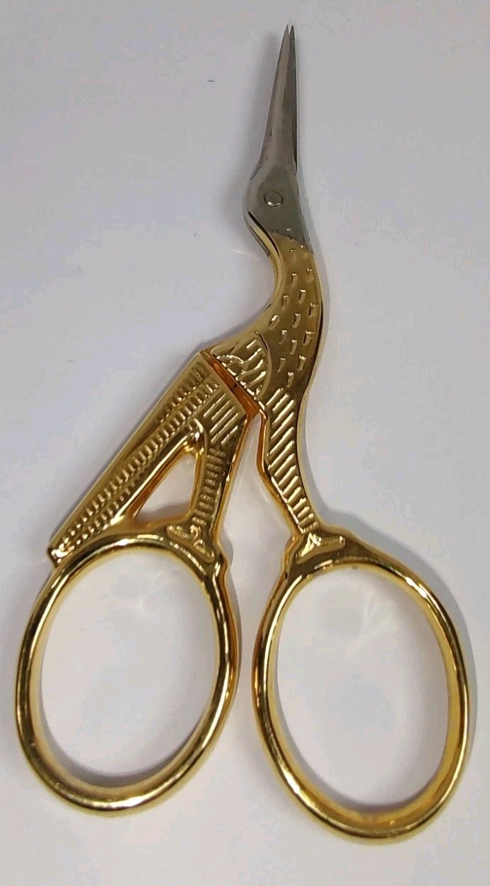 Gingher Gold Tone Stork Embroidery Scissors Leather Sheath Vintage Sewing Snips