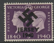 JERSEY 1940 CENTENARY 3d with OCCUPATION OVERPRINT Reproduction on genuine stamp