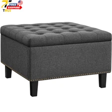Modern Linen-Like Storage Ottoman Bench with Button Tufted for Entryway Dark Gra