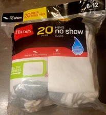 Hanes Lightweight Comfort White No Show Socks 20 Pair Men's Shoe Size 6 - 12