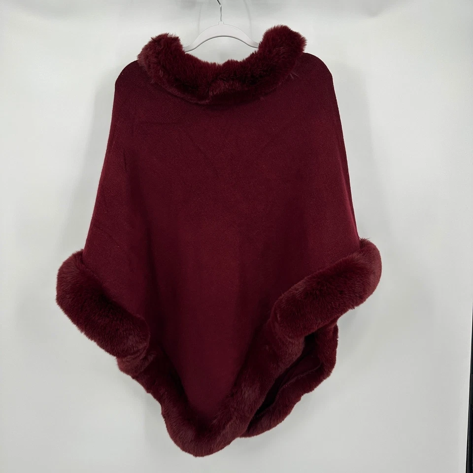 Poncho para mujer Luxe Old Money ribete de piel sintética talla única terciopelo borgoña glamour Foto 2 de 4