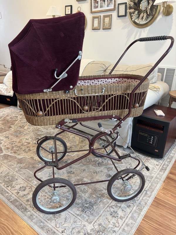 Vintage Wicker Baby Carriage Pram Bassinet Burgundy Canopy Rubber Tires 4 Wheel