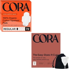 Cora Organic Pads Regular with Wings 72Ct + Menstrual Cup, Bundle Pack
