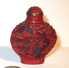 SISGNED CHINESE CINNABAR CARVED SNUFF BOTTLE 2 3/8"