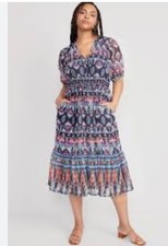 Old Navy Dress Large Waist Defining V Neck Midi Boho Peasant Tiered Lined