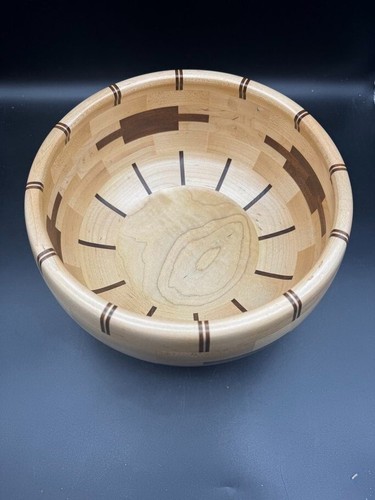 Maple and Walnut Segmented Wood Inlay 9" round bowl 5" tall - Picture 3 of 7