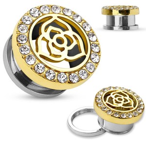 Authentic Pair of 14Kt. Gold Plated Crystal Paved Rim with Rose Center Double Flare E45
