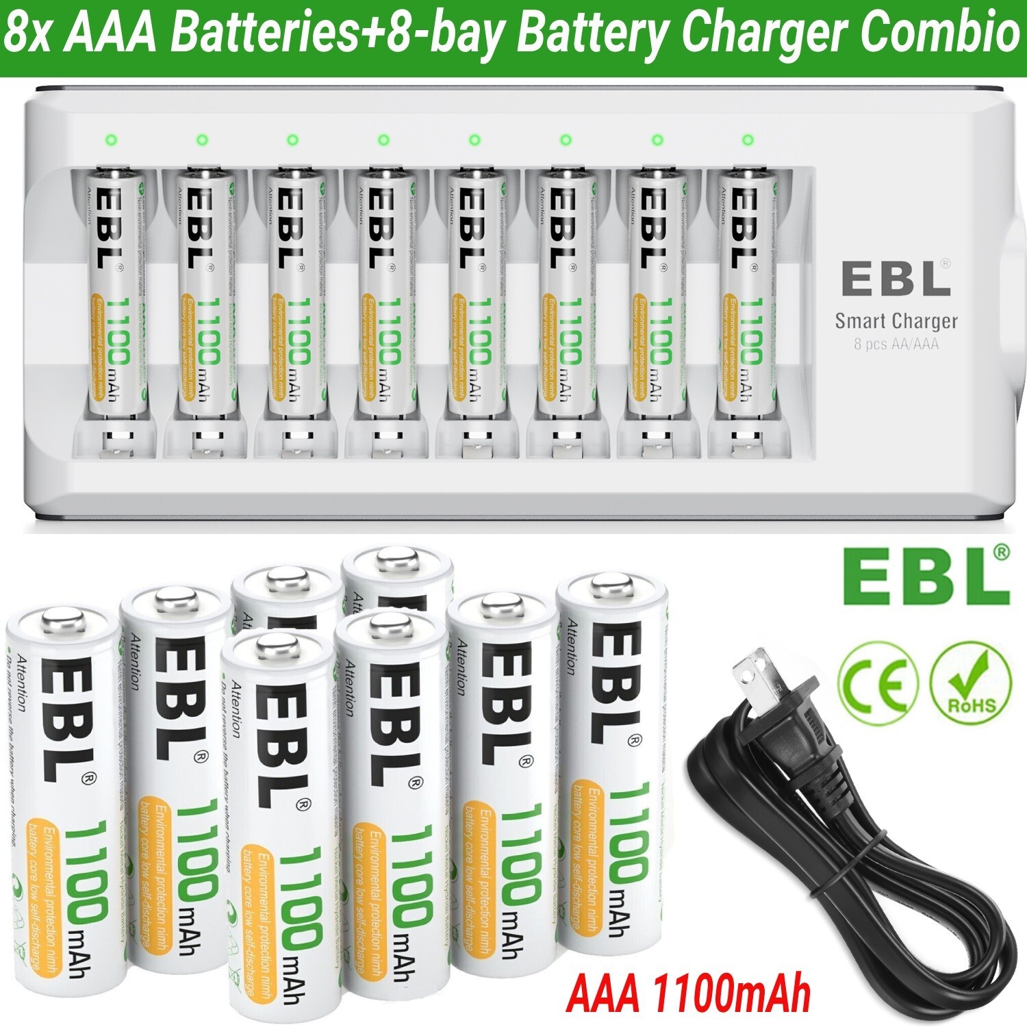 EBL 8x Rechargeable AAA Batteries NiMH AAA Battery w/ AA AAA Battery Charger-image