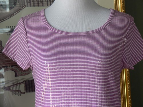 GAP Light Purple/White Stripe Sequin S/S Cotton Blend Knit Top S MINT - Picture 2 of 3