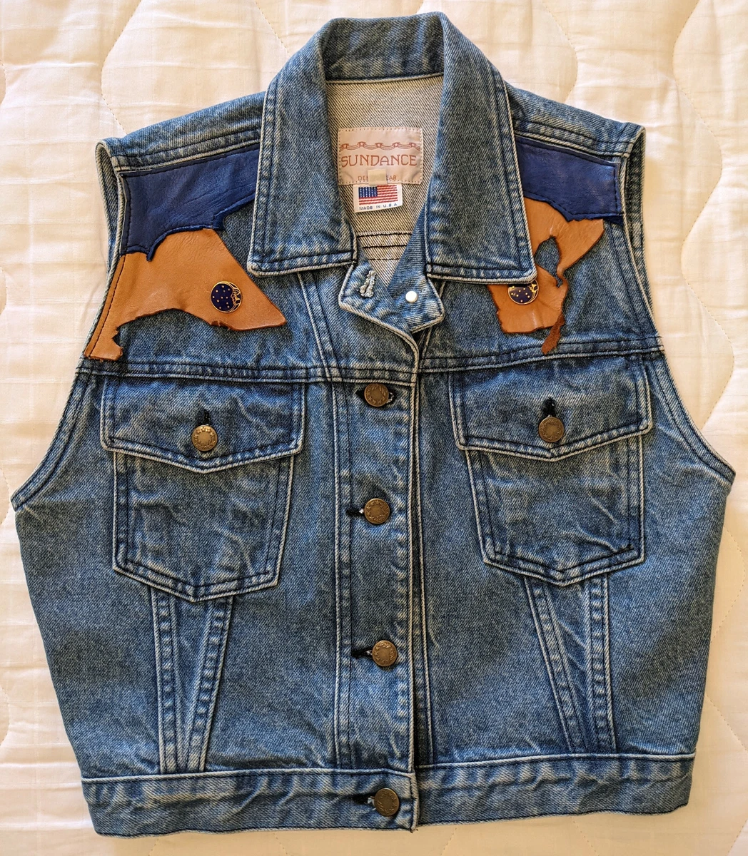 Sundance Denim Wear Denim Vest with Distressed Leather Accents Size S Made USA