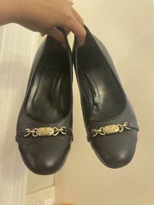 Women's GUCCI MONOGRAM Embossed Round BLACK TOE KITTEN Heels Shoes sz 36.5, US 6