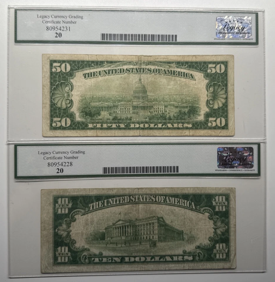 PAIR LEGACY20 VF 1928B LGS 10$ & 1934 LGS 50$ 6220A/5602A - Image 2 of 2