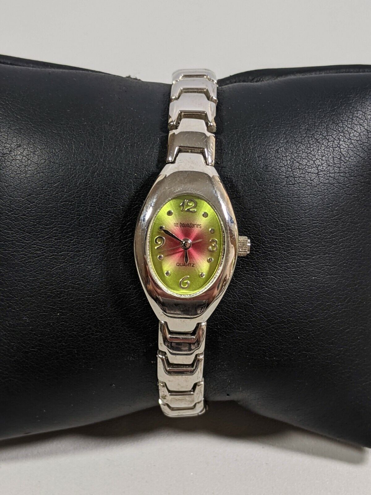 No Boundaries Pink Green Dial Oval Case Silver Tone Link Bracelet Band Watch 8in