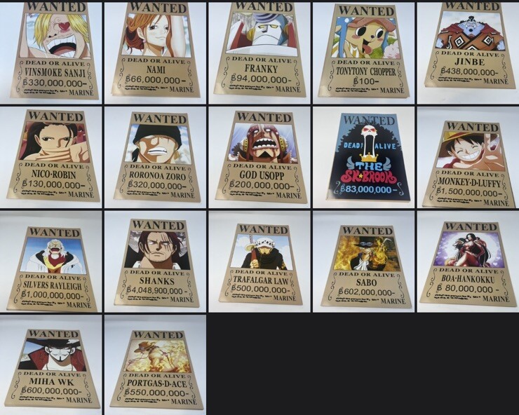 Lot of 17 ONE PIECE WANTED POSTERS - Manga Anime TV Show. Various Characters