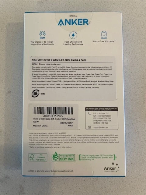 Anker USB C to USB C Charging Cable 3.3ft 100W Braided 2 Pack Black New In Box - Image 2 of 4