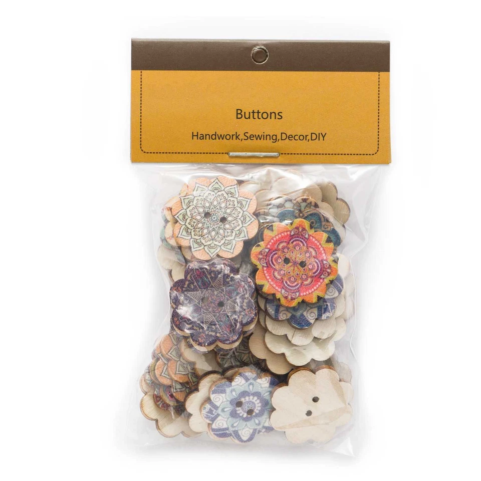 50pcs Painted Flower Wood Buttons for Handwork Sewing Scrapbook Clothing Crafts - Image 3 of 3