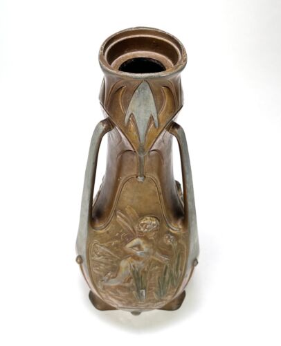 Vase fée Art Nouveau par Jean Garnier, nymphes françaises ancien Jugendstil signé - Photo 3 sur 7