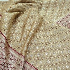 Vintage Beige  Red Heavy Saree Pure Satin Silk Woven Brocade Banarasi Sari 5yd