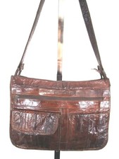 Vintage 80s Medium Size Brown Eel Skin Leather Top Zip Shoulder Handbag