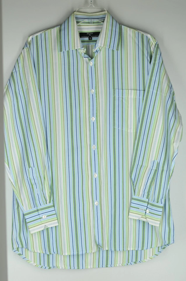 Camisa de vestir Arnold Zimberg para hombre azul verde y blanco a rayas de algodón 16 x 32 Foto 4 de 4