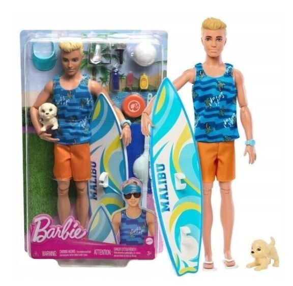 BARBIE KEN SURFER MALIBU surfboard doll dog Mattel HPT50