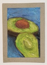 ACEO Original Painting Avocado Blue Oil Pastel 2.5 x 3.5 Inch