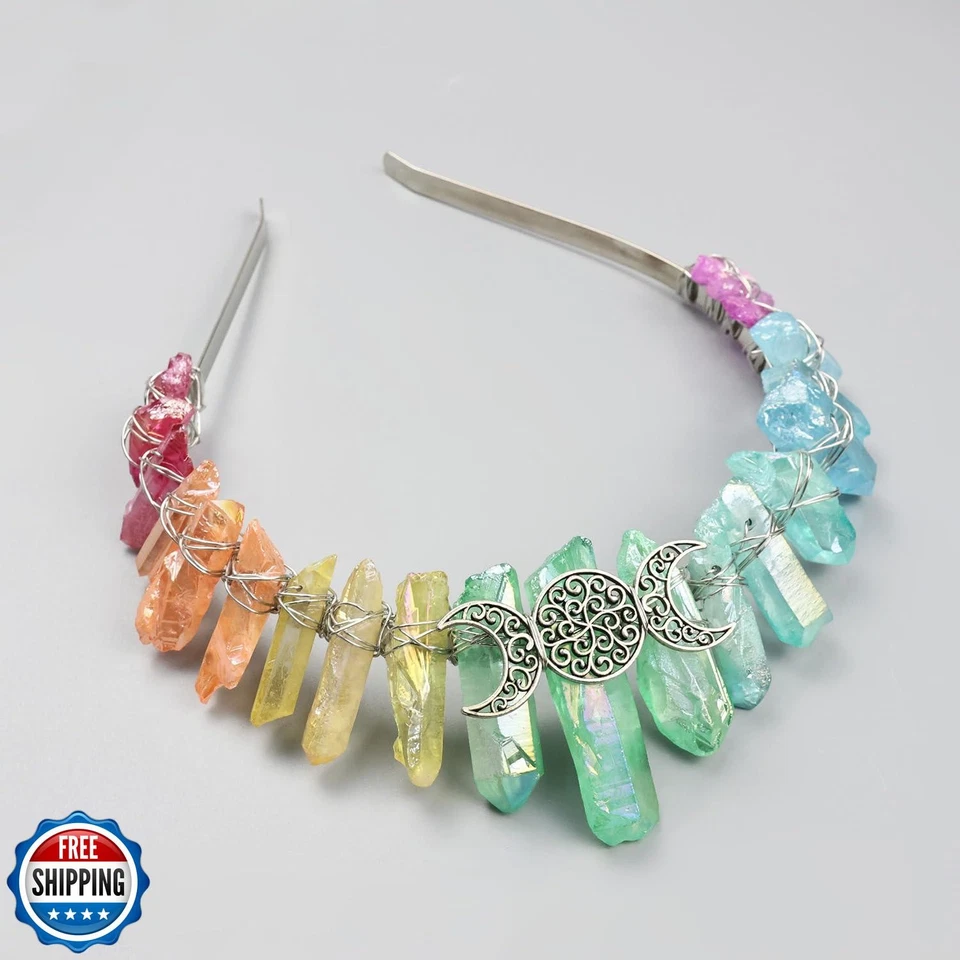 Bubbmi Boho Crystal Crown Headband, Natural Quartz Rhinestone Tiara Headpiece - Image 4 of 4