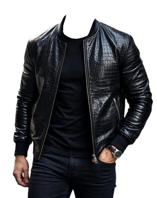 Men s Designer Bomber Black Crocodile Pattern 100% Real Leather Premium Jacket