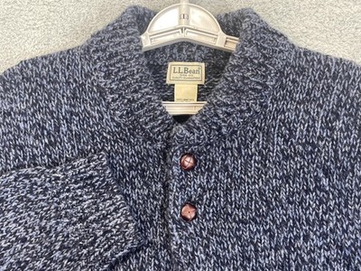 L.L.Bean Sweater Mens XL Blue Lambswool Henley Mock Neck Ragg Knit Fisherman