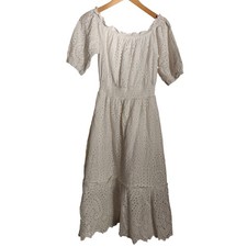 Betsey Johnson White Eyelet Dress Size M Cotton Smocked Waist Tiered Midi