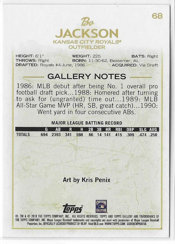 2018 Topps Gallery Wood Bo Jackson #68 - Image 2 of 2