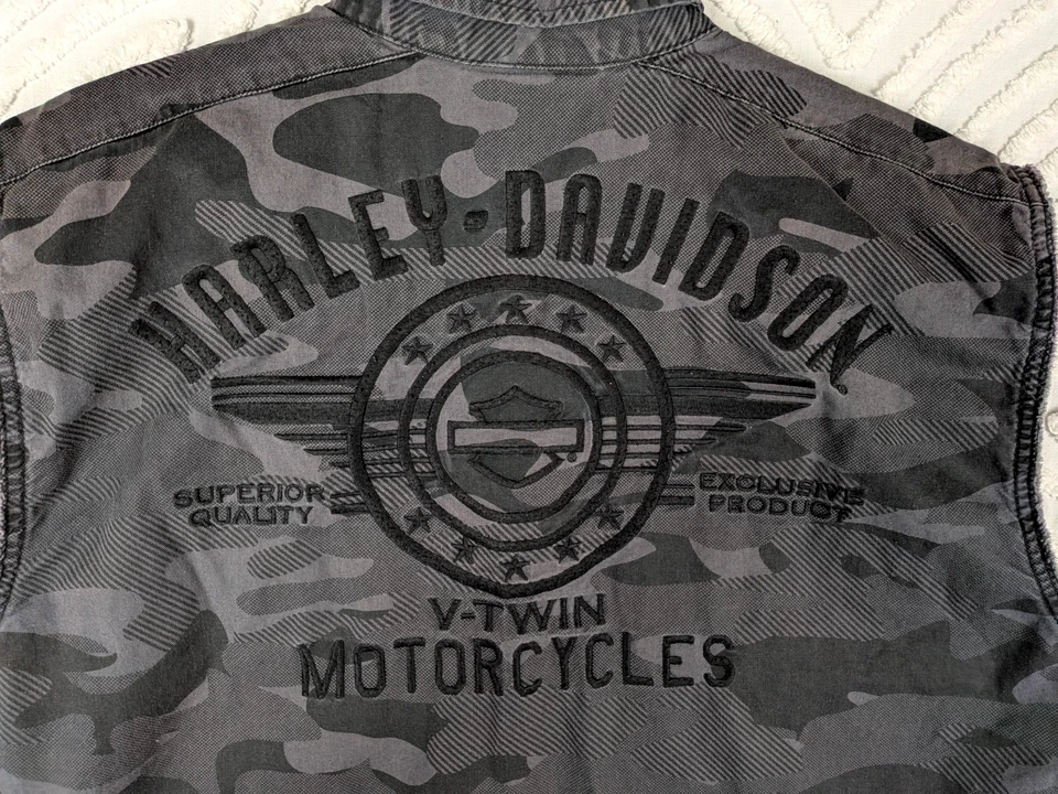 Harley-Davidson Shirt Mens L Black Gray Camo Sleeveless Button Down Motorcycle - Image 4 of 4
