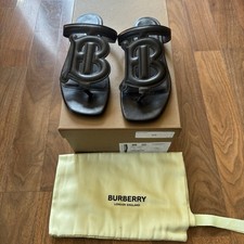 Burberry TB Monogram Slides Sandals Black Leather Women s Sz 6 NIB Authentic