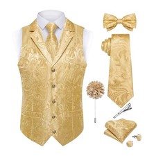 Silk Vest Tie Set for Men,Woven Paisley Dress Waistcoat and X-Large Champagne