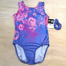 GK Elite Adult Large AL Purple Pink Splatter Gymnastics Leotard  Scrunchie NWT