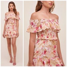 Revolve ASTR Dress S Cottagecore Off Shoulder Smocked Rose Olive Floral Mini