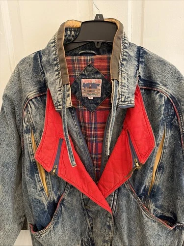 Rare Vintage “Current Seen” Acid Washed Denim Jacket 70s/80s Plaid Lining image 2