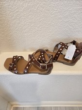 Time  Tru Women's 8 Brown Studded Gladiator Sandals Strappy Flat Rocker Boho