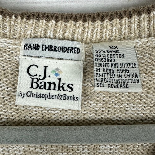 Vintage CJ Banks handbestickt hellbraun & marineblau Blumen Oma Landhaus Pullover Weste 2X - Bild 7 von 8