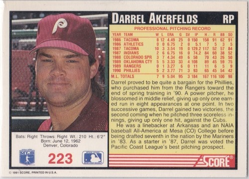 M) 1991 Score Baseball Trading Card - Darrel Akerfelds #223 - Picture 2 of 2