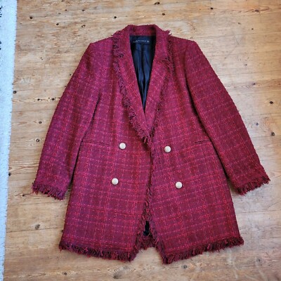 Zara Women Burgundy Red Boucle Tweed Long Jacket Size