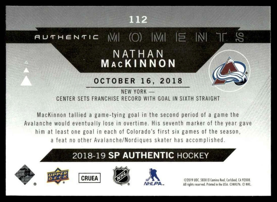 2018-19 SP Authentic AUTHENTIC MOMENTS Nathan MacKinnon Colorado Avalanche #112 - Image 2 of 2